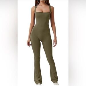 Qinsen Women's Flare Jumpsuits Strappy Square Neck Bodycon Full Length Long M